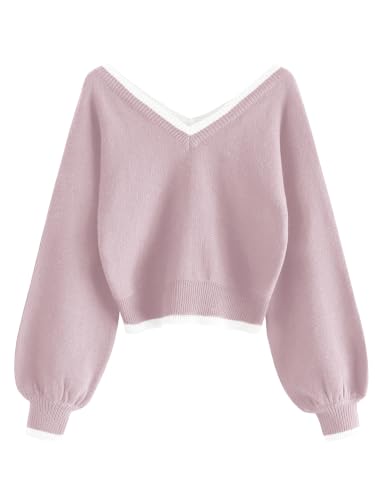 Image of ZAFUL Women's Cropped Sweater V-Neck Long Sleeve Pullover Jumper Knit Top