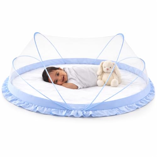 Image of DecorTwist Baby Mosquito Net for Bed - Foldable Pop-Up Dome Net for Newborns & Infants (0-24 Months) | Breathable Mesh, Insect & Fly Protection | 135x65x65 cm | Travel & Outdoor Safe (Blue)