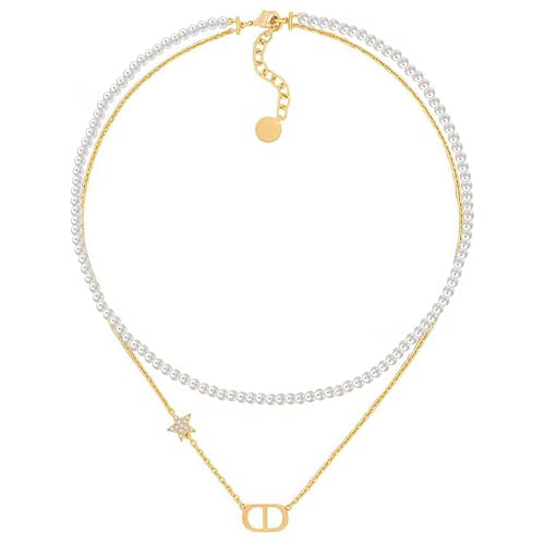Merlinae 18K gold plated copper pearl necklace with luxurious letter design and rectangular three-dimensional pendant double-layered stacked straps highlighting the fashionable charm of womens jewelry Baroque accessories