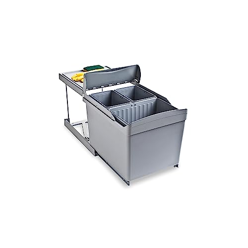 Emuca - Recyclingbehälter für Küche, 1 x 16L + 2 x 7,5L, Unterseitigbefeistigung und automatische Extraktion, Grauer Kunststoff