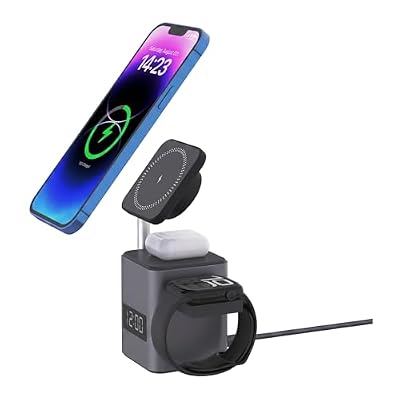 BuddhiGear 4-in-1 Magnetic Wireless Charging Station with Clock Display for iPhone 17/16/15/14/13/12, Compatible with Apple Watch and AirPods, Pop-up Watch Charger, Aluminum Desktop Dock (Gray)