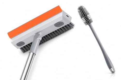 Image of Combo Set of 2 in 1 Bathroom Cleaning Brush with Wiper and (Bottle Brush), Long Handle Floor Scrubber Brush with Water Wiper Blade, Heavy Duty Tile Cleaning Brush, Multipurpose Bathroom Floor Cleaner