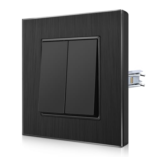 CNBINGO Interruptor de luz de aluminio con garras tensoras – Interruptor de luz empotrado con marco de aluminio – resistente a los arañazos – Interruptor empotrable negro – Interruptor de pared de 2