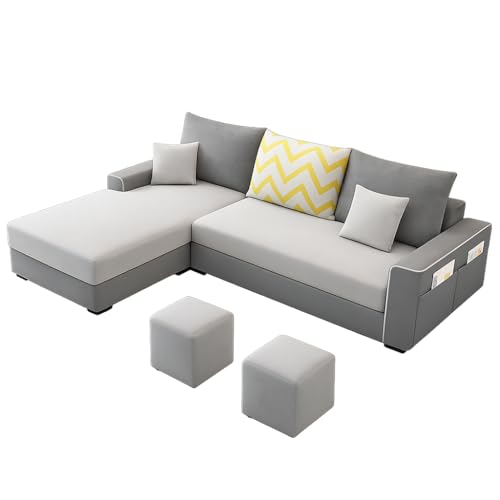 Image of Casaliving Afie LHS 4 Seater L-Shape Sofa Set with 2 Puffy for Living Room (Grey & Dark Grey Colour) Premium Fabric Sofa Set for Living Room