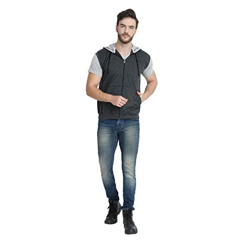 Image of Teemoods Men's Cotton Fleece Sleeveless Hooded Jacket - Casual Zip Up Vest for Gym Workout, Running, Aerobics, Yoga - Regular Fit with 2 Pockets