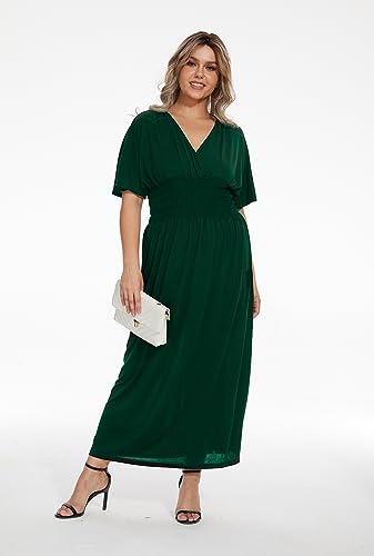 Image of OSTOO Women's Plus Size Hawaii Empire Waist Bat Short Sleeve Casual Floral Print Boho Maxi Dress(Dark Green,XXL