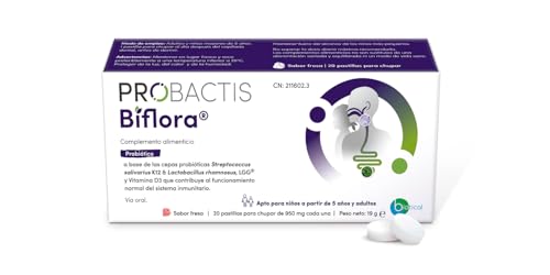 Probiótico Probactis Biflora® - Restaura la Microbiota Oral e Intestinal en Niños y Adultos - 20 Pastillas para Chupar - Complemento Probiótico con Vitamina D, Sin Gluten - Sabor Fresa