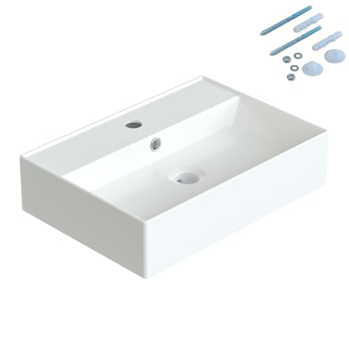 Waschbecken aus Keramik Eckig 50 x 35 cm Aufsatzwaschbecken für Waschtisch Unterschrank Waschplatz Gäste WC Hängewaschbecken Handwaschbecken Weiß Wandhängend mit Hahnloch Überlauf Stockschrauben M10