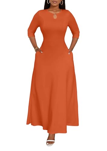 Image of FANDEE Women's Maxi Dress Casual Boho Plain Long Dresses 3 /4 Sleeve with Pockets