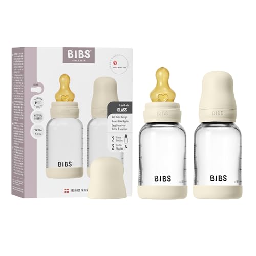 Image of BIBS Glass Baby Bottle, 120 ml, 2-Pack, Natural Rubber Nipple, Ivory | Anti-Colic | Natural Rubber Latex Nipple | Slow Flow | Supports Breastfeeding | Made in Denmark | Familiar BIBS Nipple
