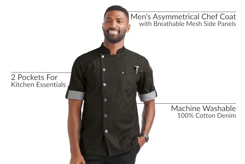Men?s Asymmetrical Premium Denim Chef Coat with Mesh Side Panels (S-3X, Black), Black Denim, X-Large