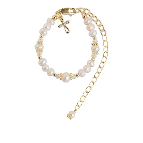 Gold-toned baby bracelet with pearl beads and a small cross charm