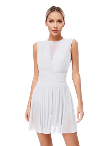 Xnihocha Robe De Patinage Artistique pour Dames sans Manches Robe De Danse Pailletée avec Strass Justaucorps Ballet Tenue Gymnastique Costume Danse Blanc S