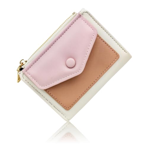 Womens Wallet, PU Leather Credit Card Holder for Women and Girls, Bifold Card Holder Wallet with Zipper Pocket, Cute Credit Card Wallet for Cards, Receipts, Cash (pink)
