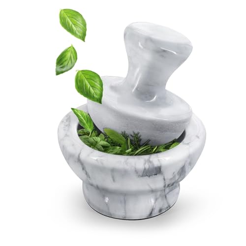Flexzion Mortier et pilon en marbre de 10,2 cm 1/2 tasse avec pilon en forme de champignon et coussinet antidérapant, bol broyeur en pierre blanche pour...