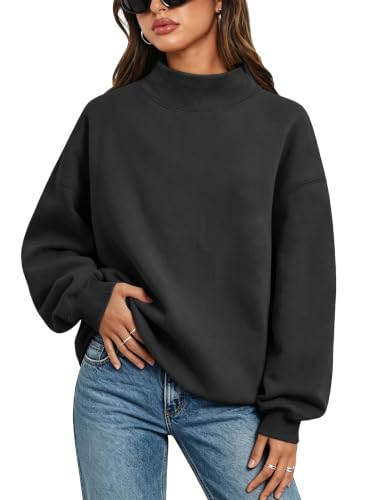 PRETTODAY Womens Oversized Sweatshirts Color Block Turtleneck Fleece Pullover Tops Long Sleeve Loose Fall Fashion Outfits Solid Black