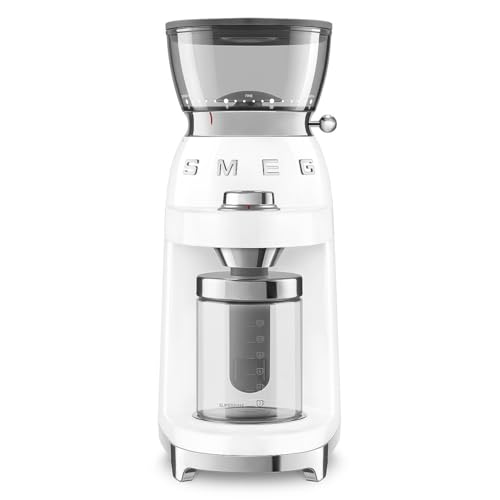 Smeg, CGF03WHEU - Molinillo de café (15 moliendas, depósito de granos de café de 240 g, capacidad de molienda ajustable, sistema antiestático, 150 W), color blanco