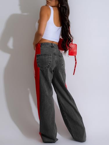 XZLUFNY Women's Jeans Two Tone Patchwork Striped Denim Pant Color Block Straight Wide Leg Trousers2