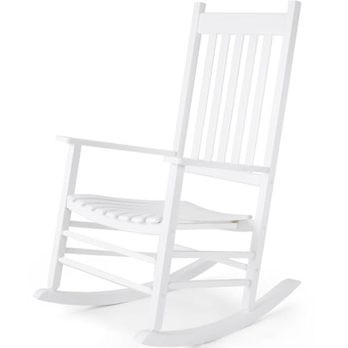 MAMIZO Solid Wood Outdoor Rocking Chair with High Back, All Weather Lounge Chair, Oversized Rocking Chair for Patio, Porch, Fire Pit Garden,Lawn, Balcony, Backyard, Indoor Wooden Rocker(White)