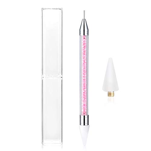 Rhinestone Picker Dotting Pen, TEOYALL Dual-Ended Wax Pencil Nail Art Gems Crystals Studs Pick Up Tool with 1 Extra Wax Tip (Pink)