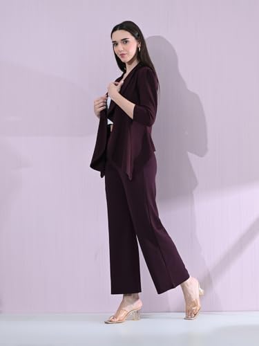 Image of Women's Solid Relaxed Fit 3 /4 Sleeve Cotton Blend Co-ord Blazer and Trouser Set