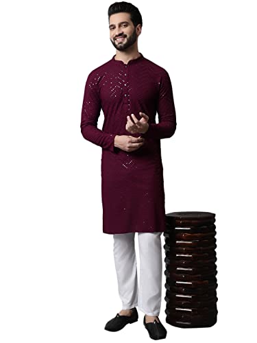 Image of Jompers Men Embroidered Sequinned Kurta with Churidar (Purple, XL)