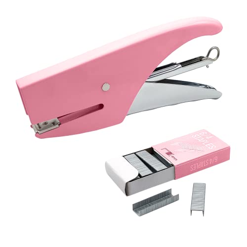 Manueller Hefter, Handhefter aus Stahl für Büro, Schule und Zuhause, 1000 kleine Büroklammern 6/4 enthalten, geschlossene Punkt, rutschfester Gummigriff (Knebelmaschine, Rosa)