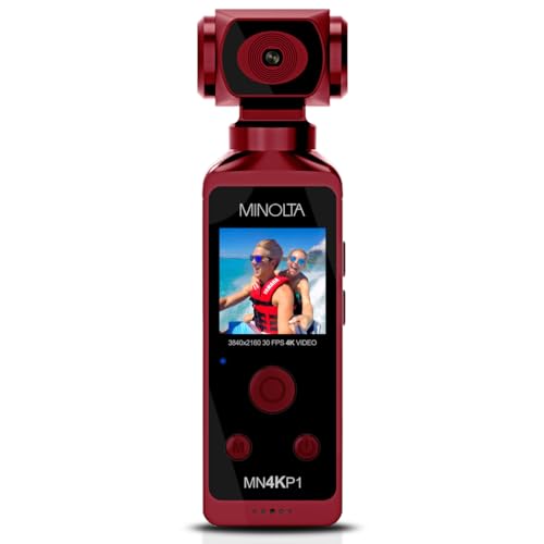 Minolta 4K Ultra HD Pocket Camcorder – WiFi Enabled Action Camera with 16MP Photos, 170° Wide Angle Lens, 270° Rotating Head, Slow Motion, 1.3-inch Display - 16GB Card & Waterproof Case (Red)