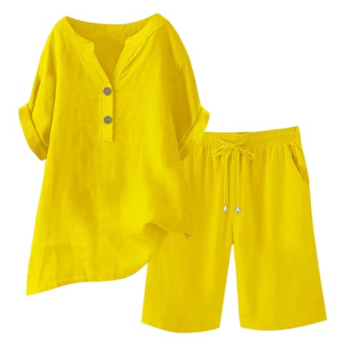 2 Peice Cotton Linen Short Sets for Women - Short Sleeve Shirts & Wide Leg Shorts Comfy Breathable Summer Outfits Peasant Ladies Loose Fit Causal Plus Size Capri Matching Sets Pajamas Yellow-2 XL