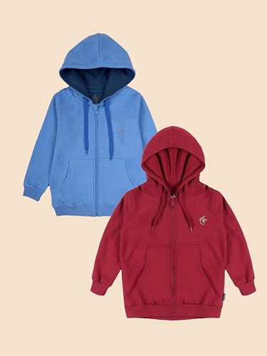Image of KiddoPanti Boys Solid Cotton Full Sleeve Zip-Up Front Open Hooded Sweatshirt
