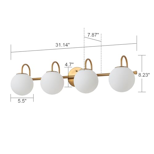 Image of Gold Bathroom Vanity Light, 31 inch Modern Dimmable 4-Light Bathroom Light Fixture Over Mirror, Globe Vanity Light with Frosted Glass Shade Globe Wall Sconce