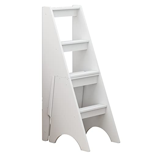 Wooden 4 Step Stool Folding Ladder Chair, Portable Stepladder/Stairway Chairs Step Stool-Shelving Multifunction Ladder Shelf for Kitchen/Office/Library