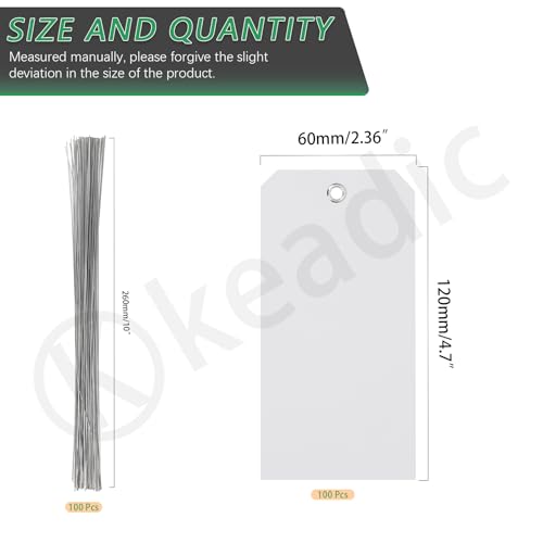 Keadic Plastic Shipping Tags with Wire,100pcs Hang Tags mit Drähten Kunststoff Versand Tags wasserdichte Hang Tags mit String leere Etikettierung Tag für Inventar, Gepäck, Weiß, 4 3/4 x 2 3/8