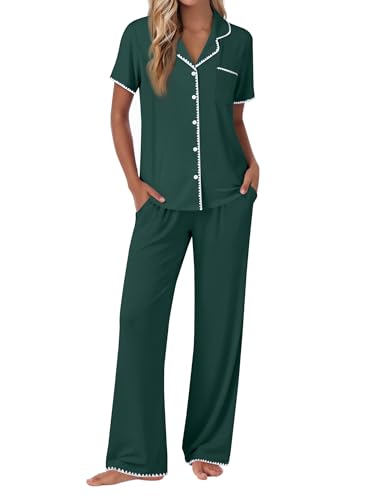 Image of Ekouaer Pajamas for Women Set Button Up Soft Pjs Short Sleeve 2 Piece Lounge Sets Comfy Sleepwear