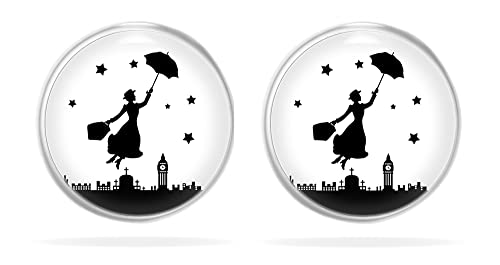 Pendientes de mujer de Mary Poppins Miss Lovie, de cabujón, 12 mm, bisutería, blanco y negro, color plateado Cover