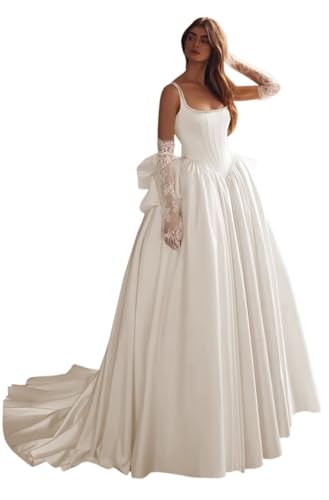 Pearl Spaghetti StrapBride Wedding Dresses with Cathedral Train 2026 Long A-Line Bow Satin Luxury Wedding Bridal Ball Gowns for Women Ivory Size 6
