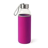 TIENDA EURASIA – Botella Agua | Cristal y Acero Inoxidable | Funda de Neopreno | Capacidad 420 ml | Tapón de Seguridad de Rosca y Cinta de Seguridad | Medidas 6.4 Ø x 19 cm | Libre de BPA (Fucsia)
