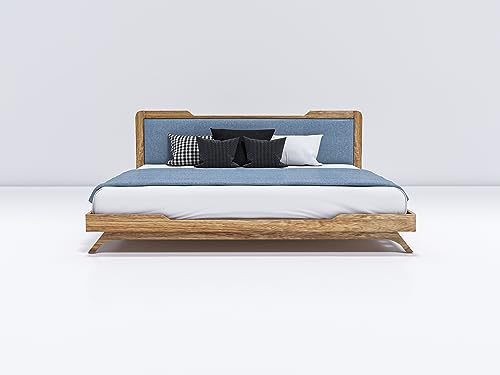 Image of Wooden Double Bed Without Storage | Low Height Cot with Blue Upholstered Cushion Headboard | Solid Wood Sheesham, Brown Finish | Mattress Size: 78 X 48