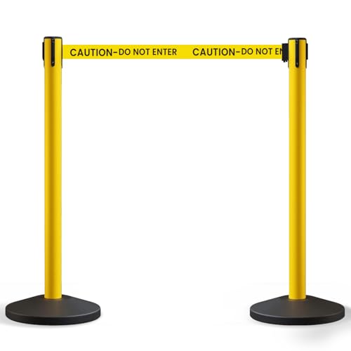 Crowd Control Warehouse Set of 2 Stanchion Retractable Belt Barriers, 11 Foot 'Caution Do Not Enter' Belt Barrier with 40” Yellow Posts, Barriers with Heavy Duty Concrete Base, CCW Series RBB-100