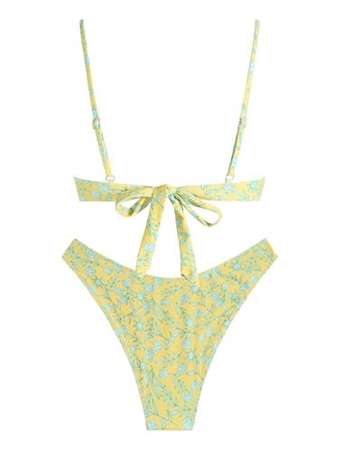 Image of ZAFUL Women High Cut Bikini Sets String Sexy Swimsuit Two Piece Underwire Bathing Suit Brazilian Cheeky Cut Out Cute Swimwear