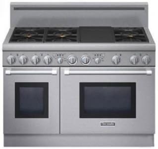 Thermador Pro Harmony: 48'' Pro-Style Duel-Fuel Range with 4.4 cu. ft. Third Element Convection Large Oven, Full Acess Telescopic Racks, 6 Sealed Star Burners, Porcelain Surface and Titanium-Surface Electric Griddle