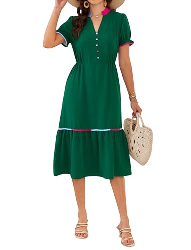 Image of Theenkoln Womens Casual Midi Dress: Short Sleeve V-Neck Empire Waist Gingham Spring Fashion Long Trendy Tiered Formal Dresses