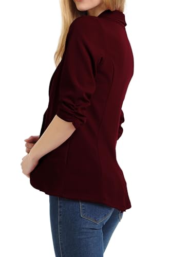 MINEFREE Women's 3/4 Ruched Sleeve Lightweight Work Office Blazer Jacket Wine 1XL - Thumbnail 4