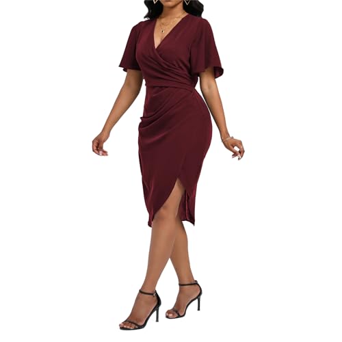 Image of Women's Wrap V Neck Asymmetrical Hem Midi Ruched Cocktail Evening Dress | Back Zipper, Regular Fit, Club Night, Semi Office Formal, Wedding Dinner Date, Flutter Short Sleeve, High Low Irregular Hem