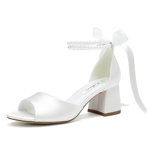 Low Block Heel Wedding Sandals Pearl Heels Wedding Shoes for Bride Open Toe Bridal Shoes