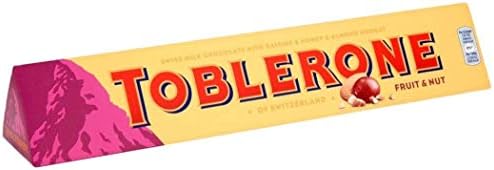 Original Toblerone Fruit Nut Chocolate Candy Block Imported From The UK England Swiss Milk Chocolate With Raisins Honey & Almond Nougat