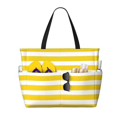 AYYQWE Bolsa de viaje ligera con estampado de rayas amarillas para mujeres y hombres, gran capacidad, para playa, vacaciones, picnic al aire libre