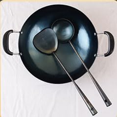 Wok de hierro con fondo redondo con tapa y cuchara 30cm miniatura 2