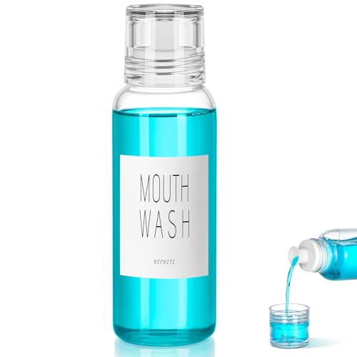 VITVITI Dispenser per collutorio in vetro per bagno, contenitore per collutorio da 283,5 g, con coperchio, dispenser piccolo trasparente ricaricabile per collutorio, decanter (bianco)