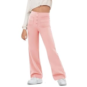 Haloumoning Girl’s Flare Pants Kids High Waisted Button Multiple Pockets Yoga Bootcut Pants Full Length Bell Bottoms